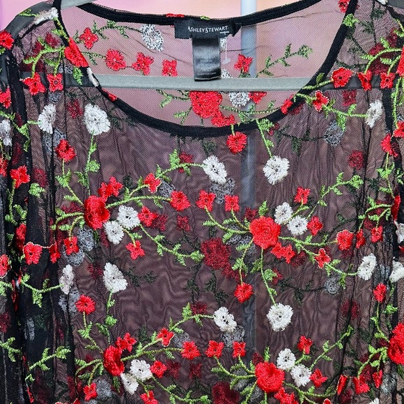 Ashley Stewart Black Floral Embroidered Sheer Top - Plus Size Christmas - Picture 6 of 7